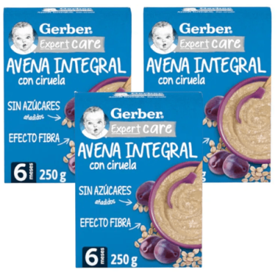 Pack 3 Gerber Papilla Avena y Ciruela +6m 250g | Fibra y Vitaminas