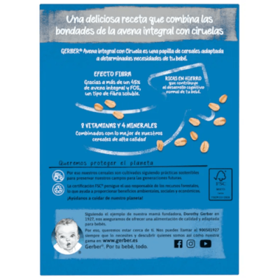 Pack 3 Gerber Papilla Avena y Ciruela +6m 250g | Fibra y Vitaminas
