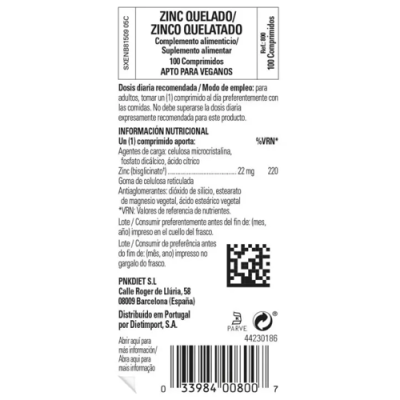 Zinc Quelado en Comprimidos para Piel, Cabello y Uñas Sanos